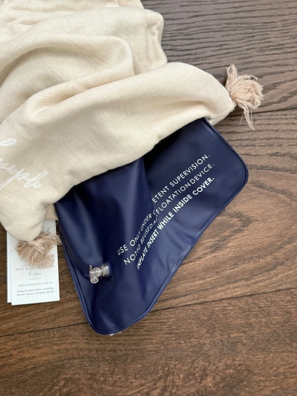 NWT The Beach People Inflatable Pillow & Drawstring Carry Bag Beige Stripe